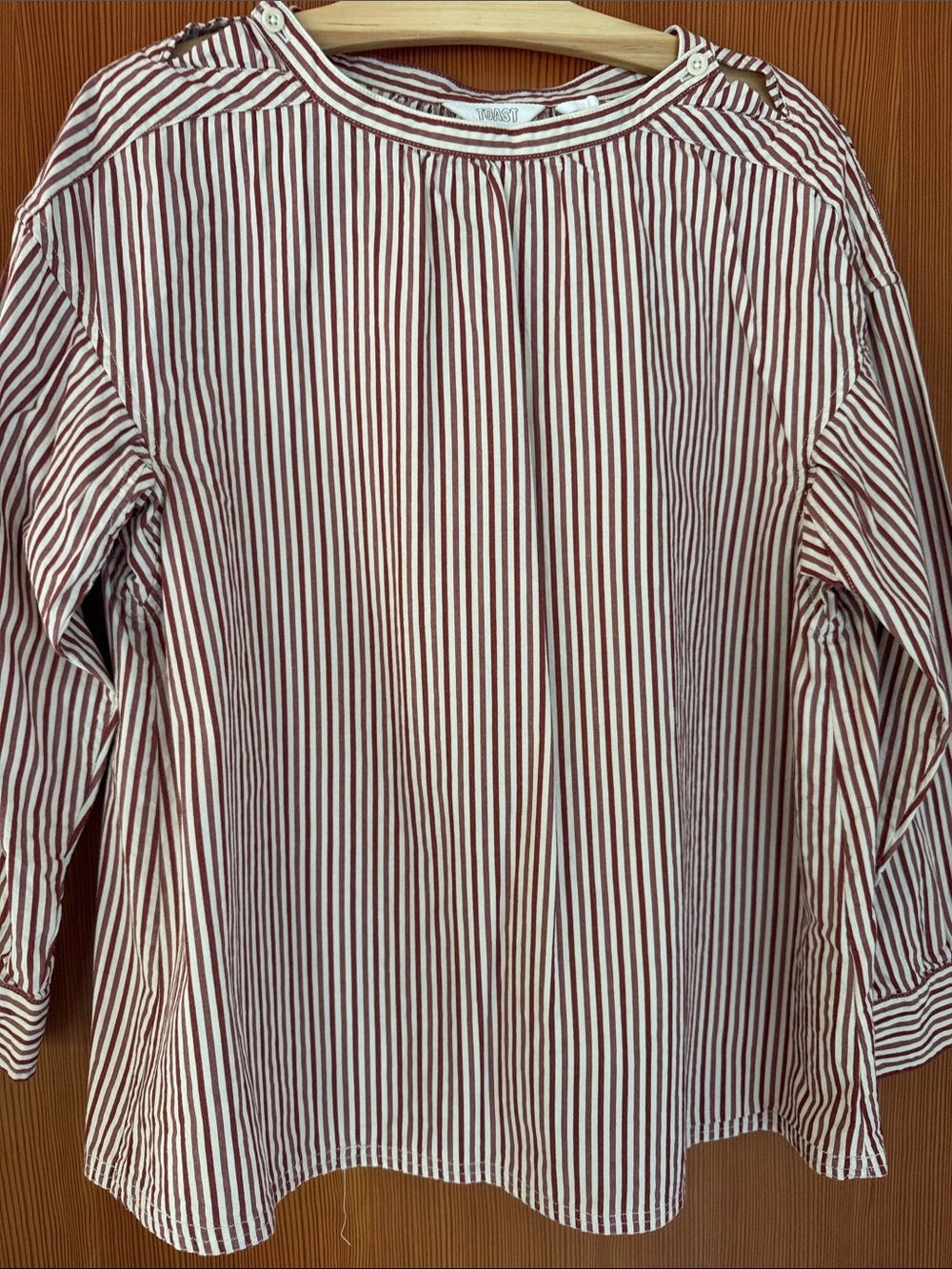 Toast Striped Button-Shoulder Cotton Blouse - Red & White
